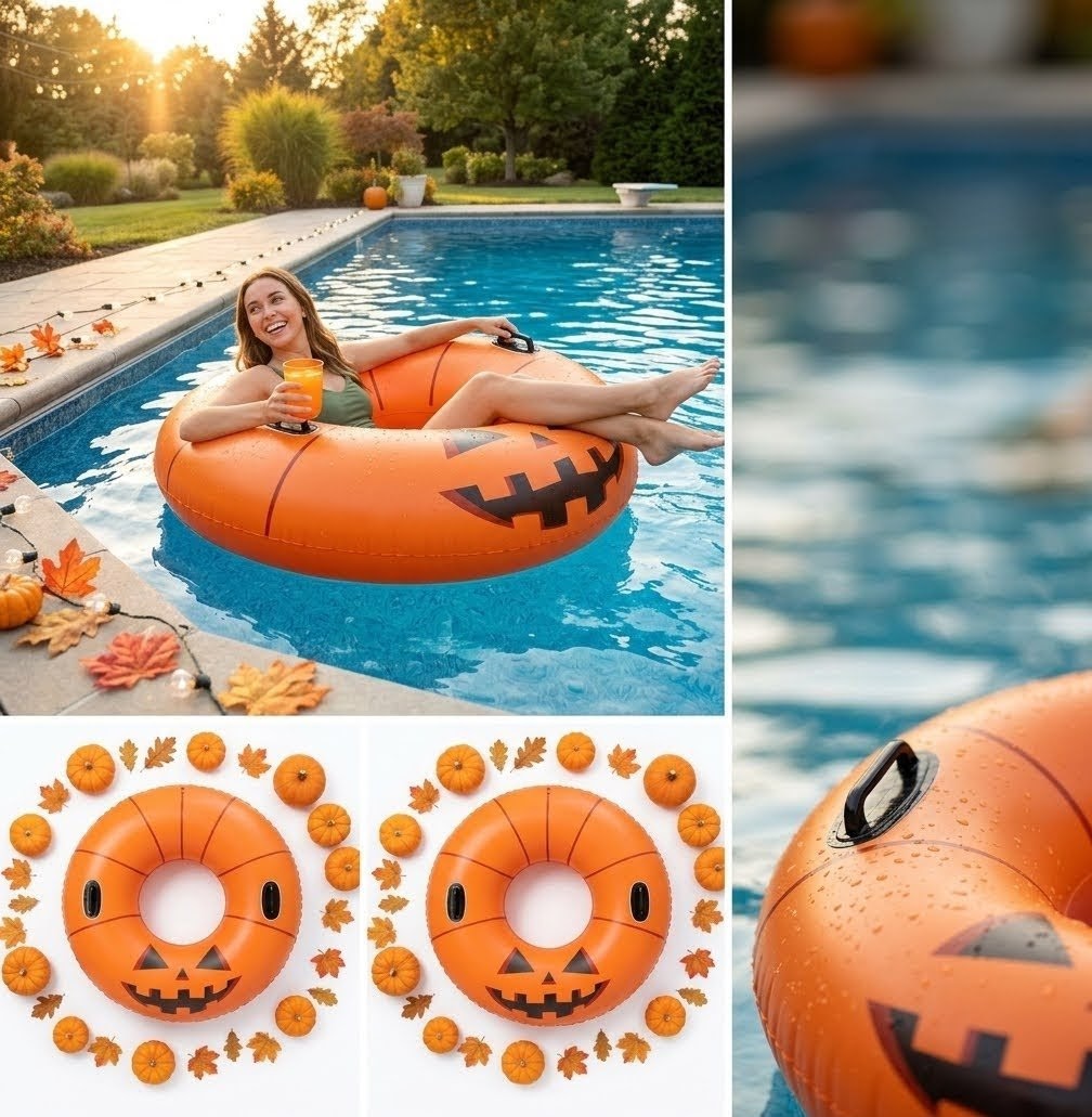 Woman lounging on a Halloween-themed inflatable tube in a pool with decorative pumpkins and leaves.