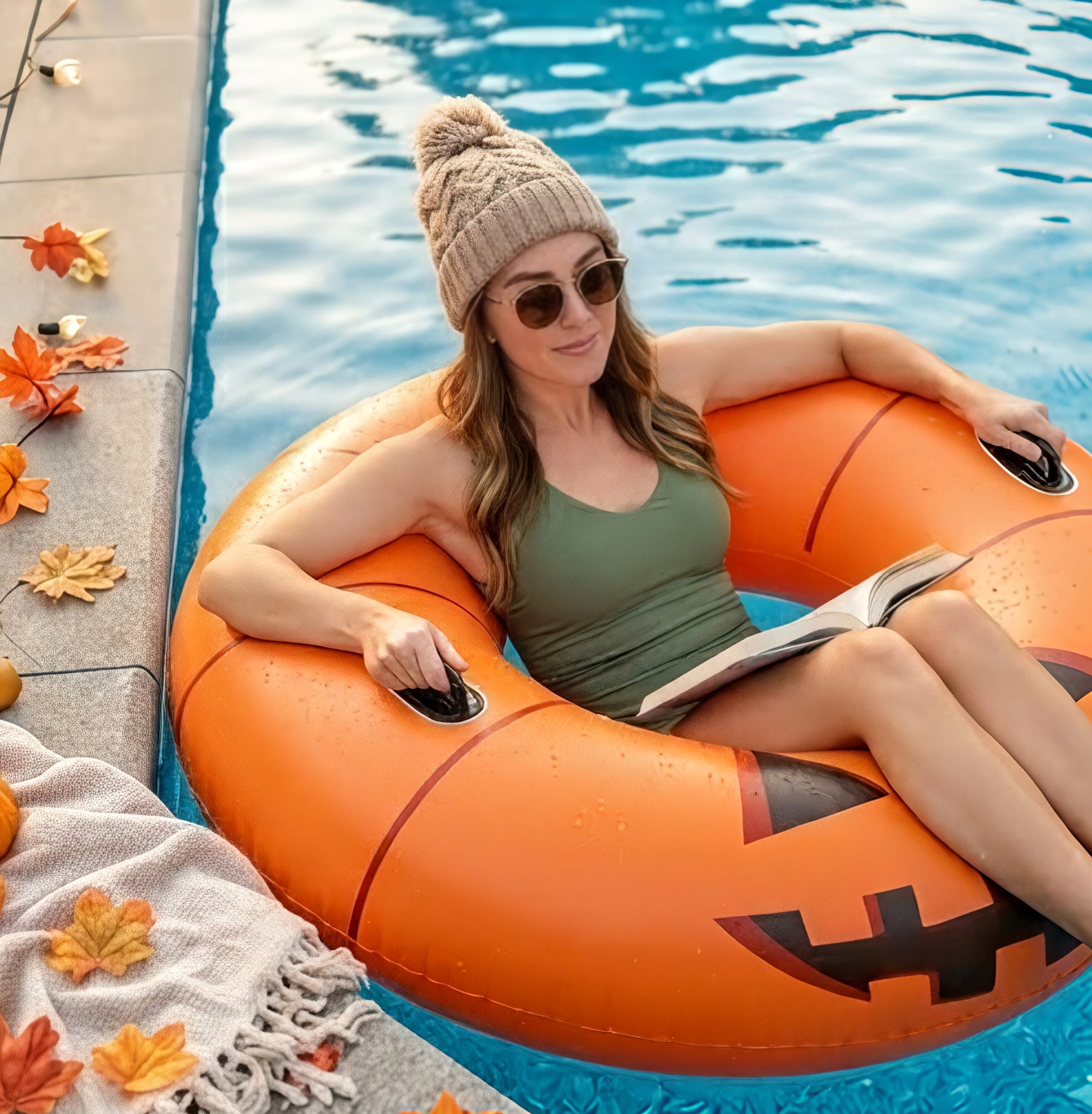Woman lounging on a Halloween-themed inflatable tube in a pool with autumn leaves around.