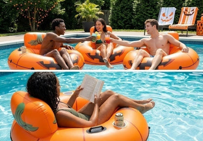 People enjoying time on Jack-O-Loungers in a pool with drinks and books.