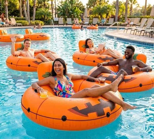 People enjoying time on Jack-O-Loungers in a pool with a scenic background