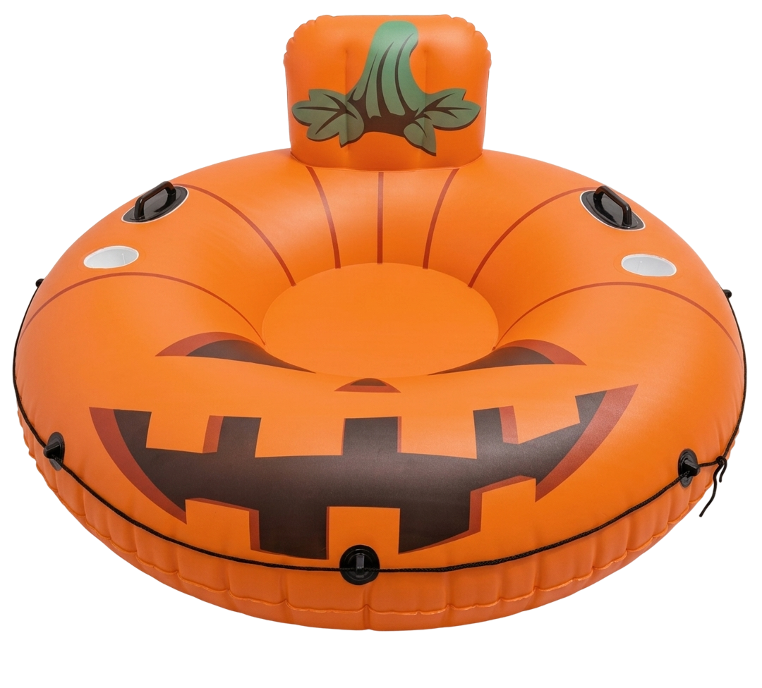 Inflatable pumpkin with a jack-o'-lantern face, a back rest, handles, and cup holders