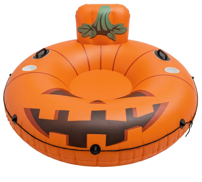 Inflatable pumpkin with a jack-o'-lantern face, a back rest, handles, and cup holders